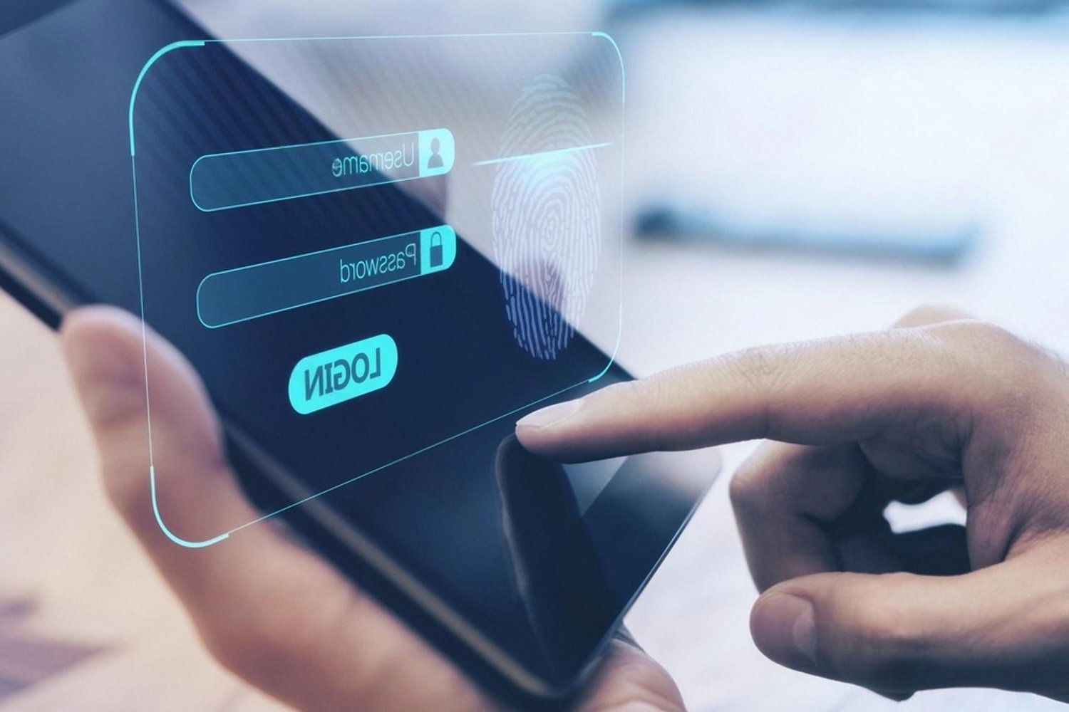 Hand interacting with a secure login screen showing fingerprint authentication, similar to hotel ID scanner workflows